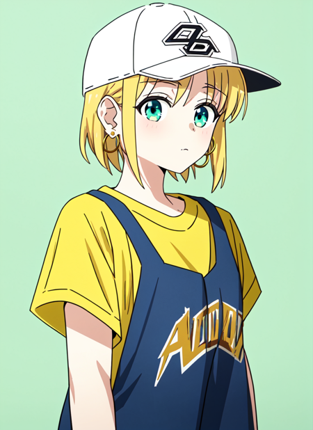 3978523003-1542915731-bocchi style, masterpiece, best quality, 1girl, aqua eyes, baseball cap, blonde hair, closed mouth, earrings, green background,.png